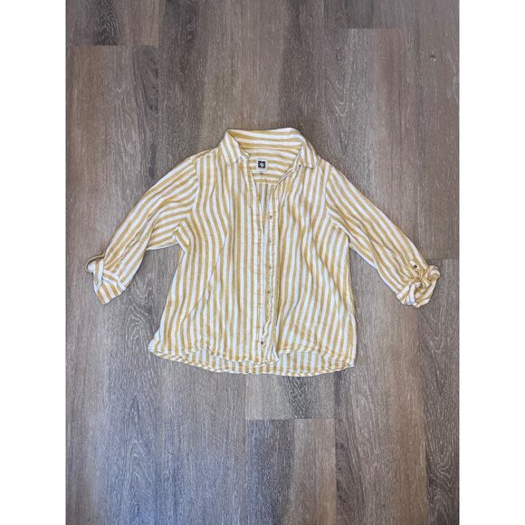 Anne Klein Womens Mustard & White Striped Button-Up Linen Shirt PL Roll-Tab Slee - Picture 1 of 6